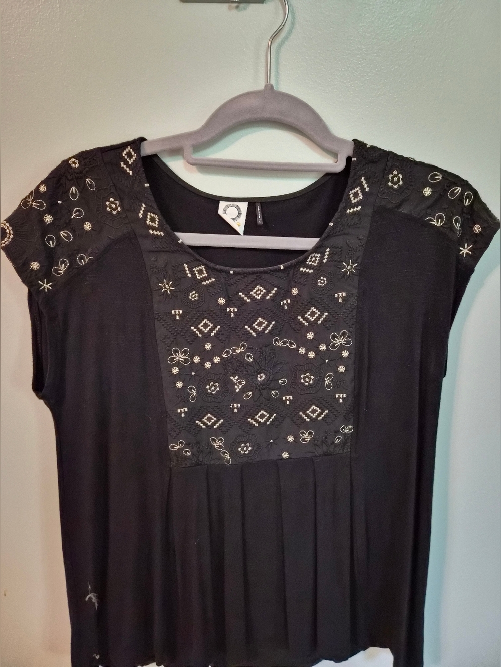 Black Embroidered Cap Sleeve Top